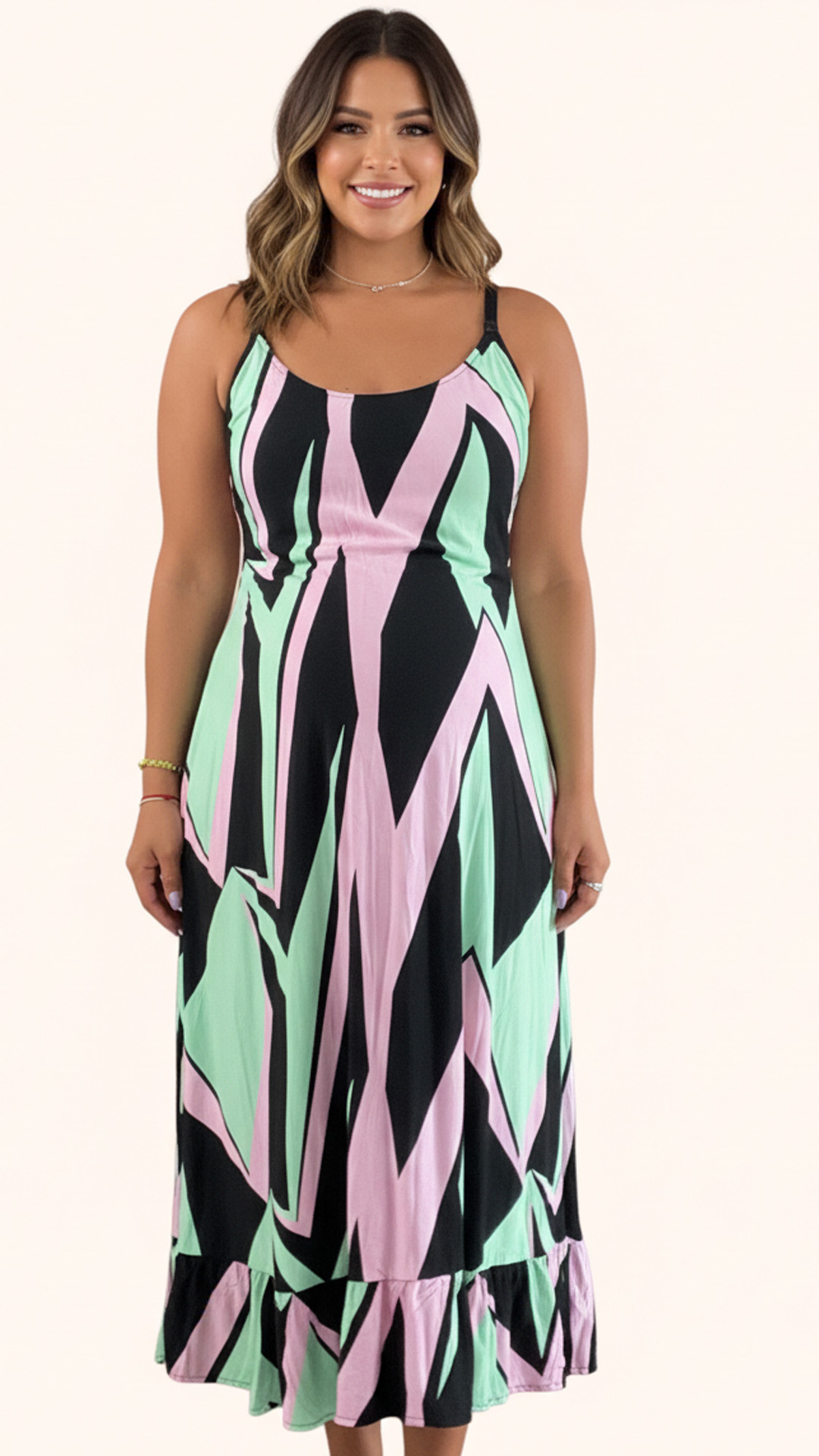 Vestido Maternal Tiritas Broche y Top Lactancia, RosadoCelesteNegro 3