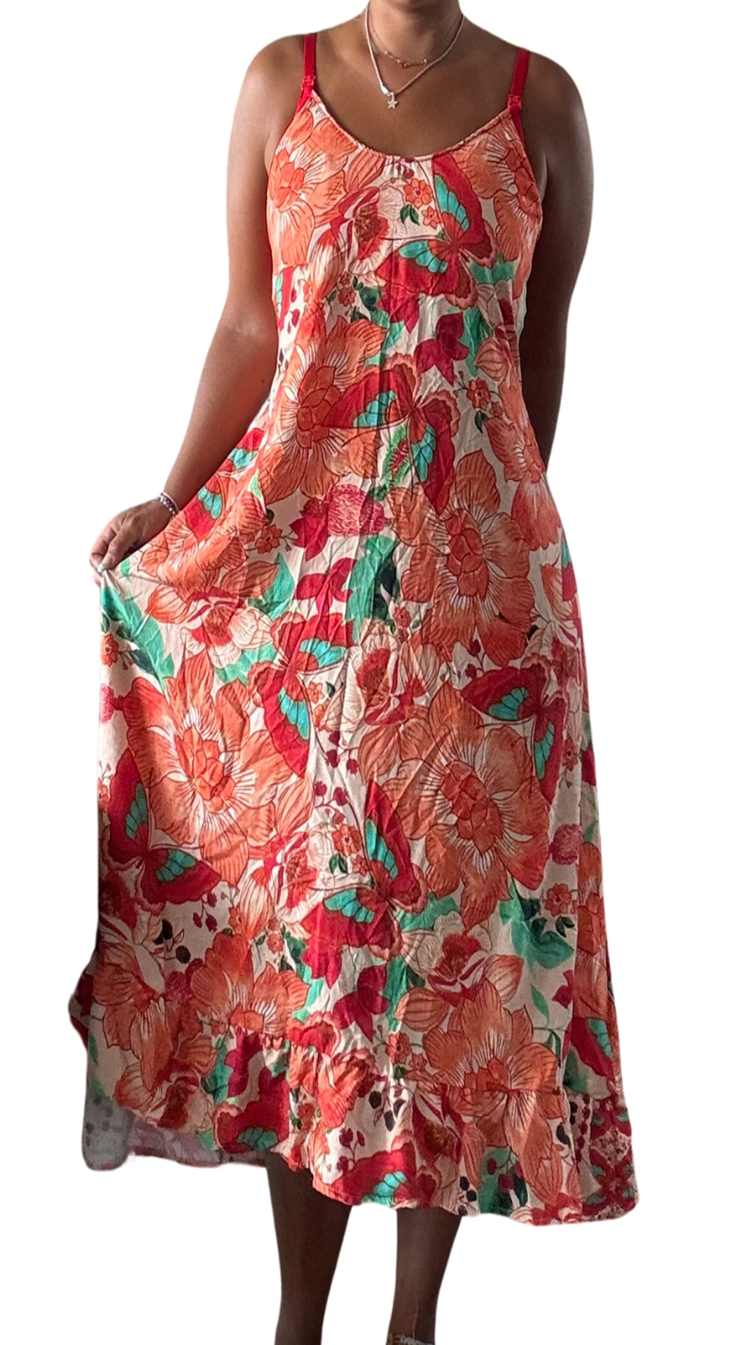 Vestido Maternal Tiritas Broche y Top Lactancia, NaranjaFloresBlanca 2