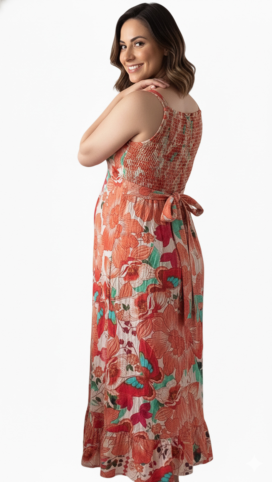 Vestido Maternal Tiritas Broche y Top Lactancia, NaranjaFloresBlanca 3