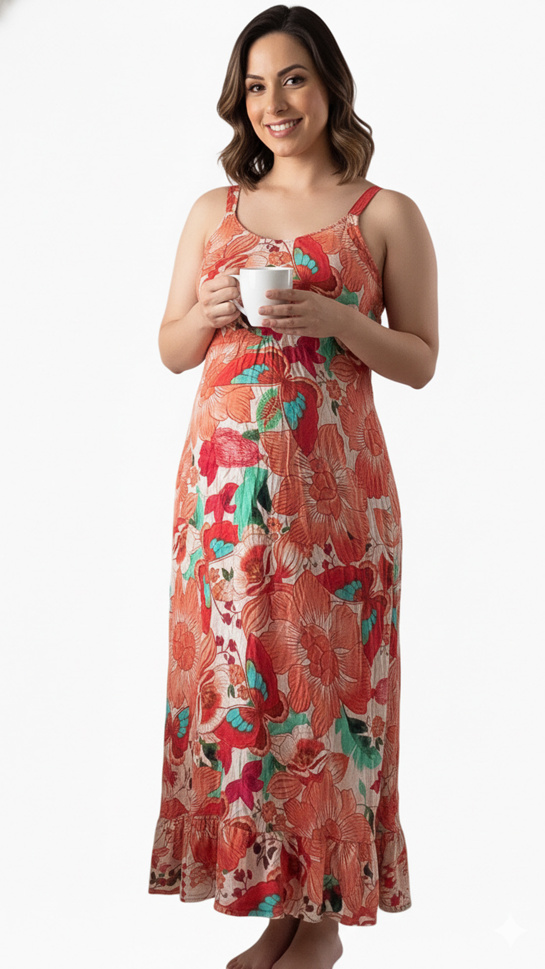 Vestido Maternal Tiritas Broche y Top Lactancia, NaranjaFloresBlanca 4