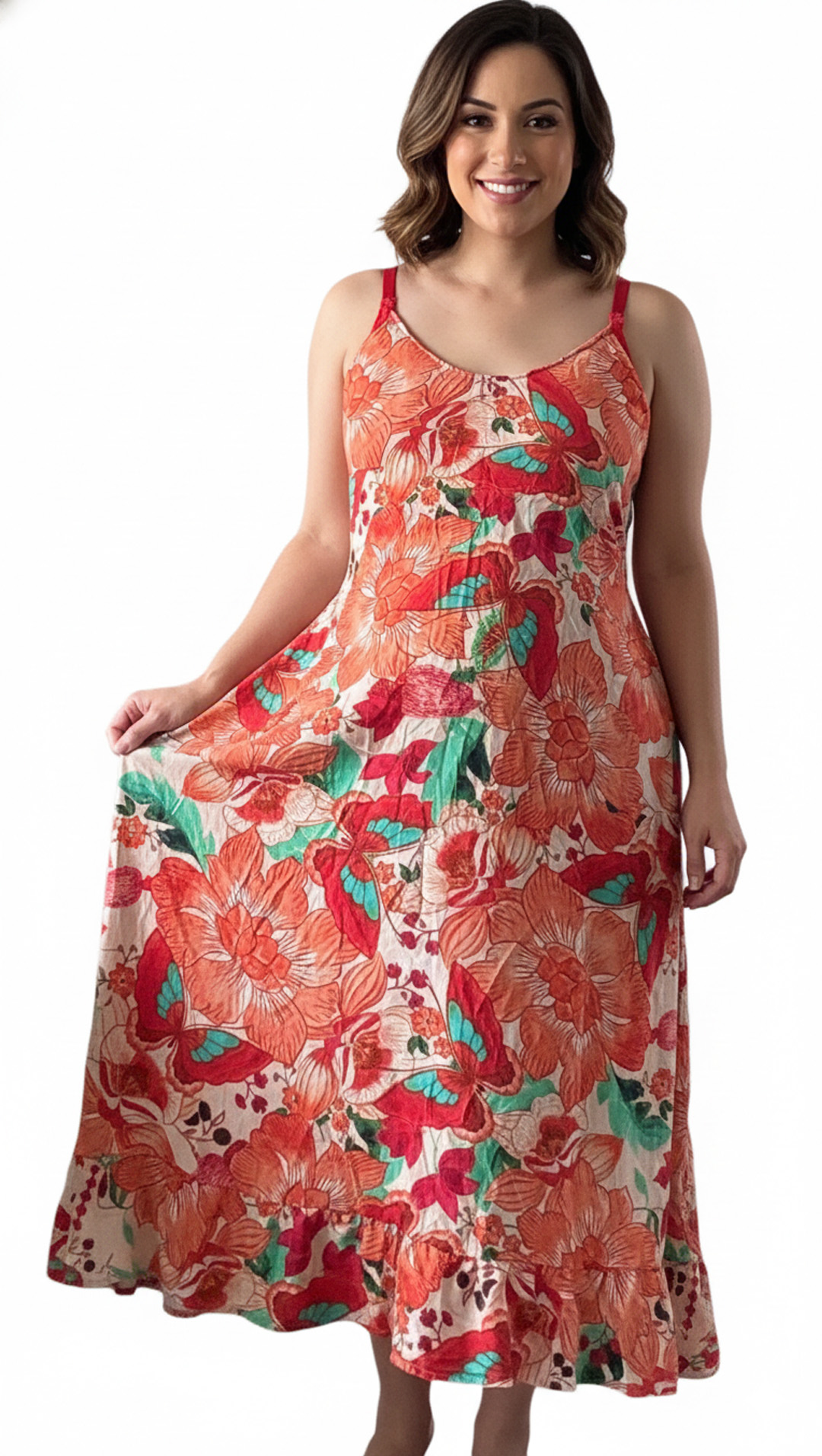 Vestido Maternal Tiritas Broche y Top Lactancia, NaranjaFloresBlanca 8