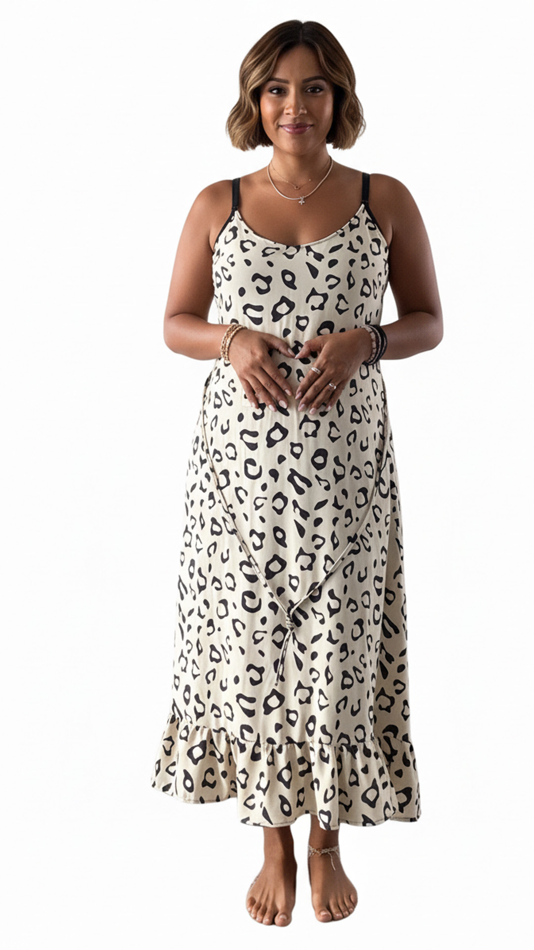 Vestido Maternal Tiritas Broche y Top Lactancia, CremaAdornosNegro 3