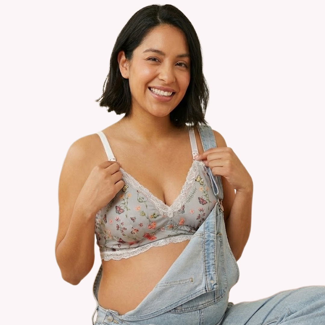 Sostén Maternal Julietta, Broche Lactancia, Encaje, VerdeCementoFlores 1