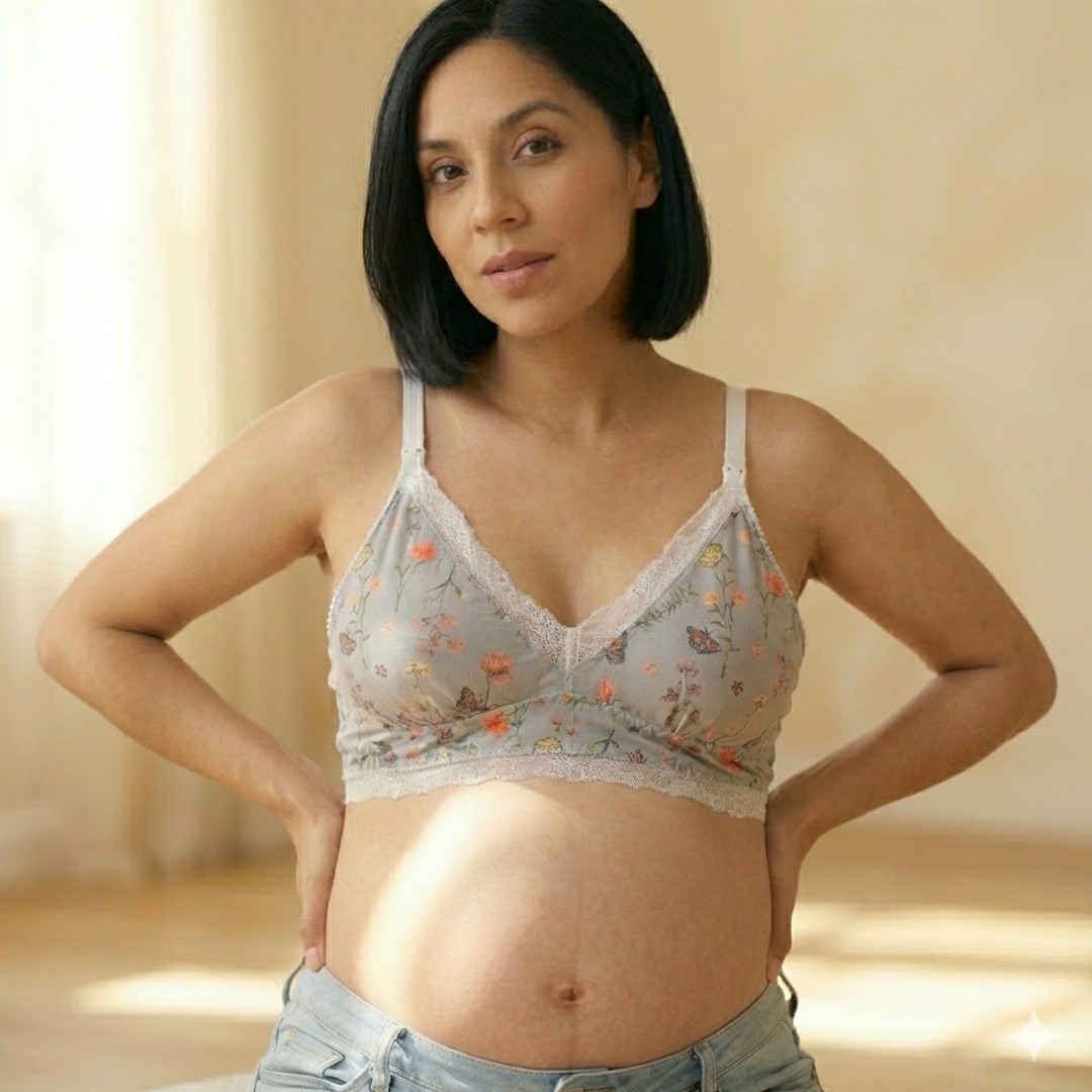 Sostén Maternal Julietta, Broche Lactancia, Encaje, VerdeCementoFlores 3