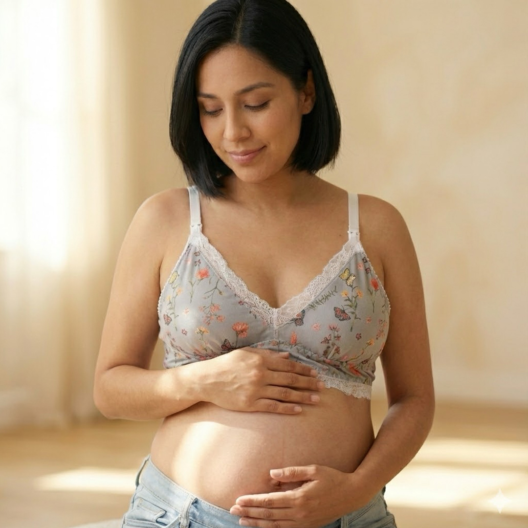 Sostén Maternal Julietta, Broche Lactancia, Encaje, VerdeCementoFlores 9