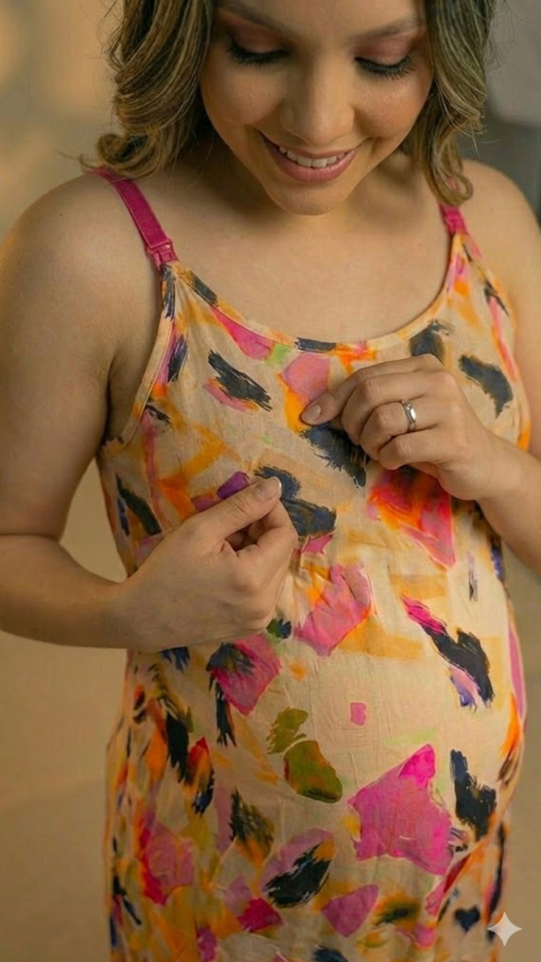 Vestido Maternal Tiritas Broche y Top Lactancia, CremaFucsiaDetalle 8