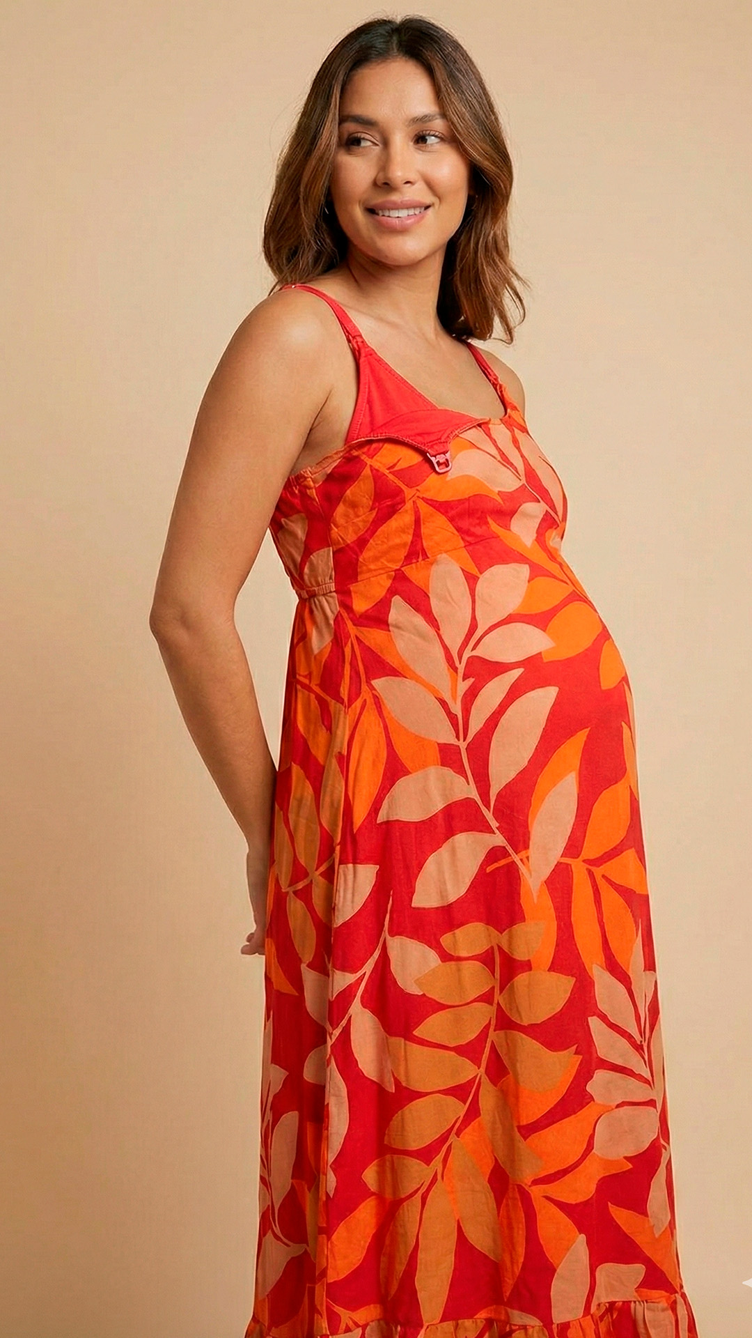 Vestido Maternal Tiritas Broche y Top Lactancia, RojoNaranja 4