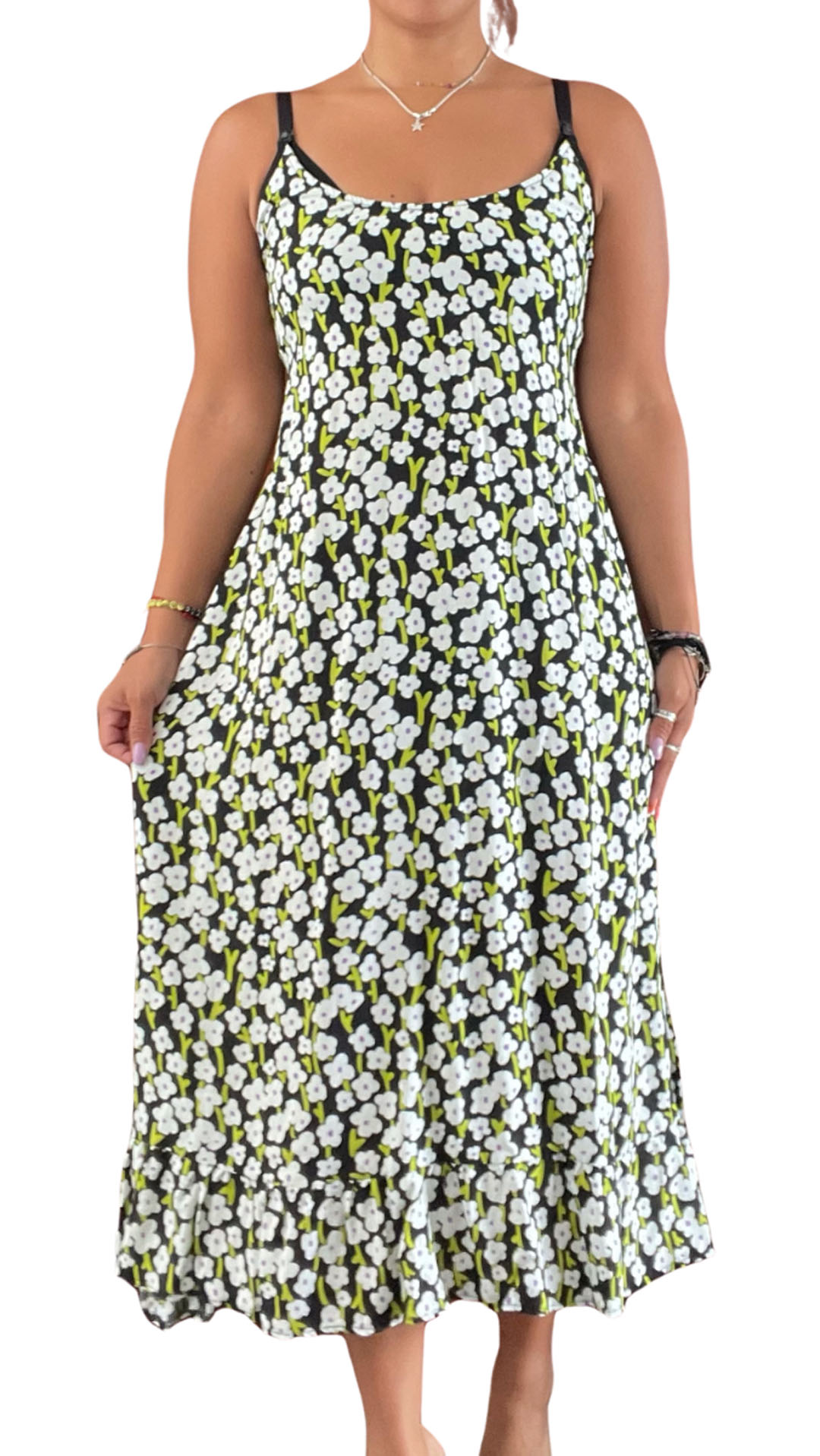 Vestido Maternal Tiritas Broche y Top Lactancia, VerdeFloreado 1