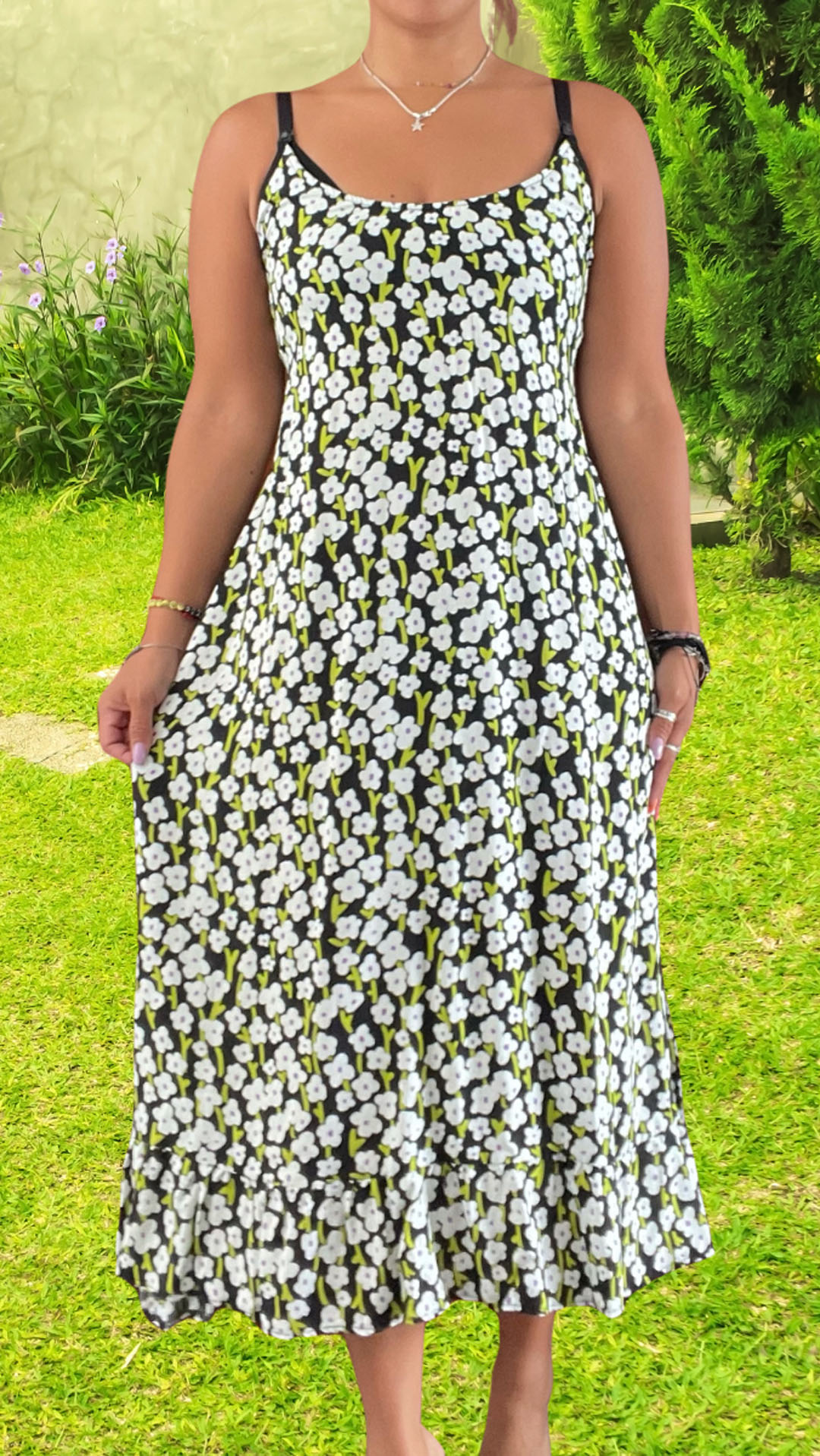 Vestido Maternal Tiritas Broche y Top Lactancia, VerdeFloreado 4