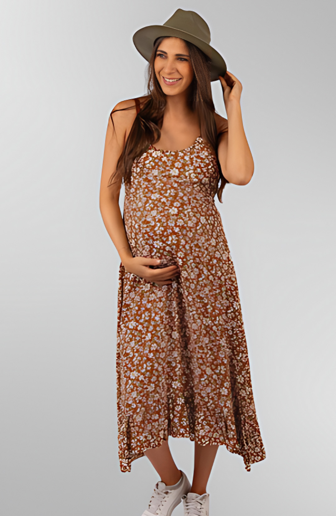 Vestido Maternal Tiritas Broche y Top Lactancia, MarronFlores 12