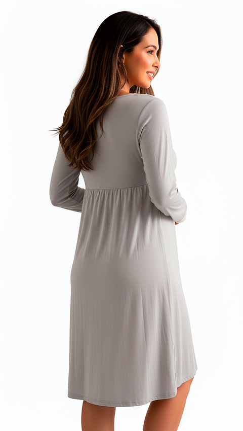 Camisón Maternal Victoria: Manga Larga & Sistema de Lactancia (Gris)