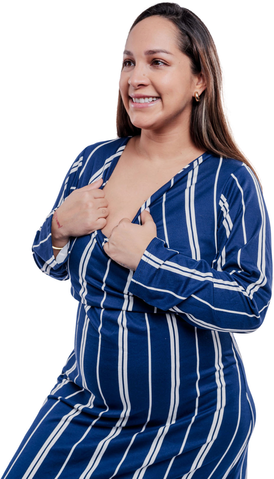 Vestido Maternal Roma, Con Sistema Lactancia,  MangaLarga RayadoAzul 5