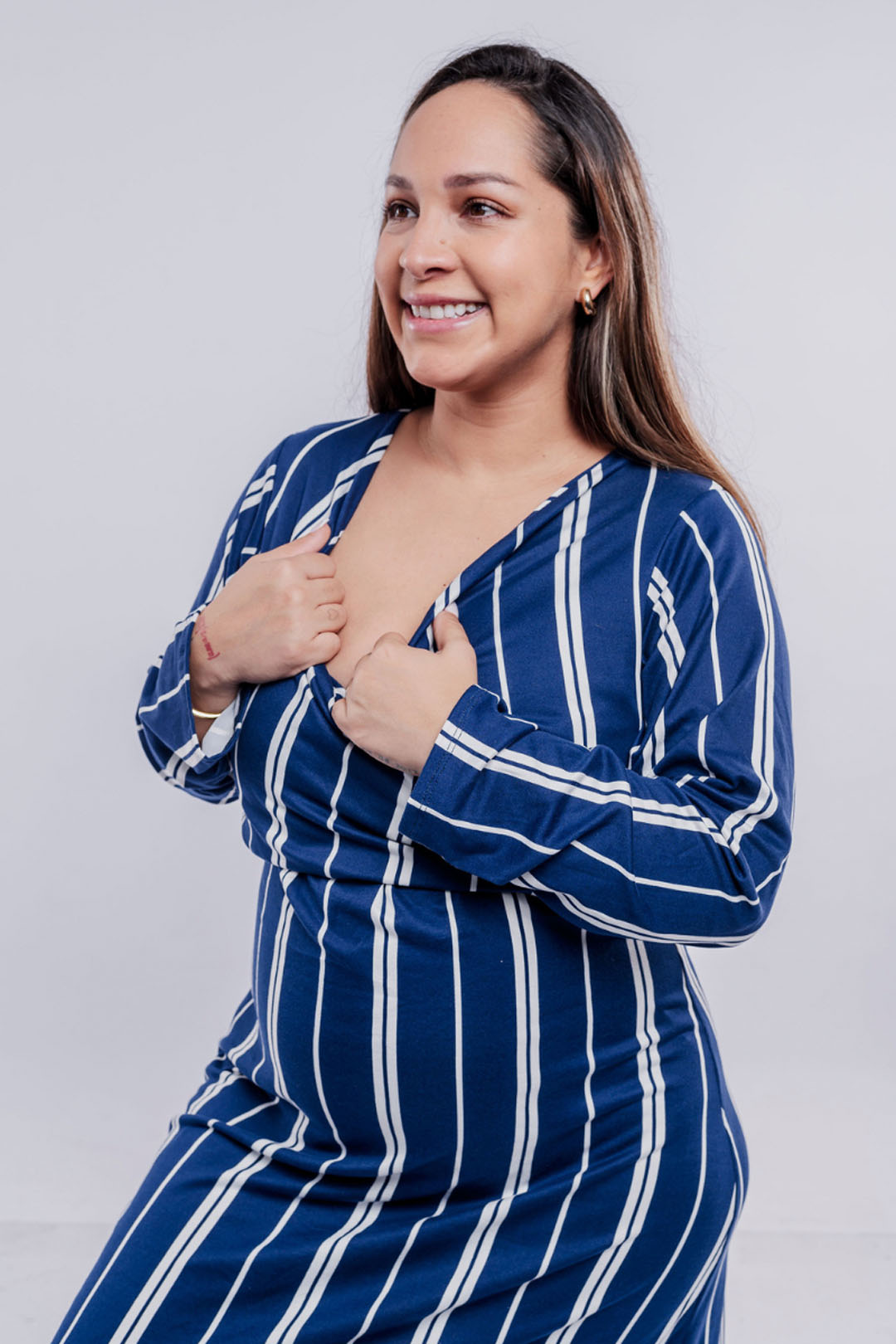 Vestido Maternal Roma, Con Sistema Lactancia,  MangaLarga RayadoAzul 8