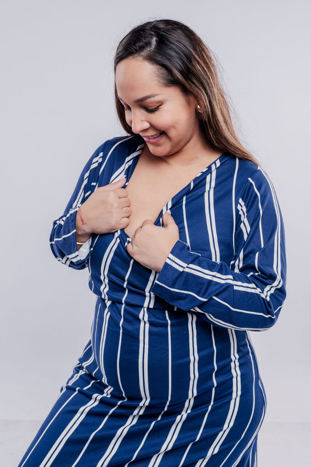 Vestido Maternal Roma, Con Sistema Lactancia,  MangaLarga RayadoAzul 9