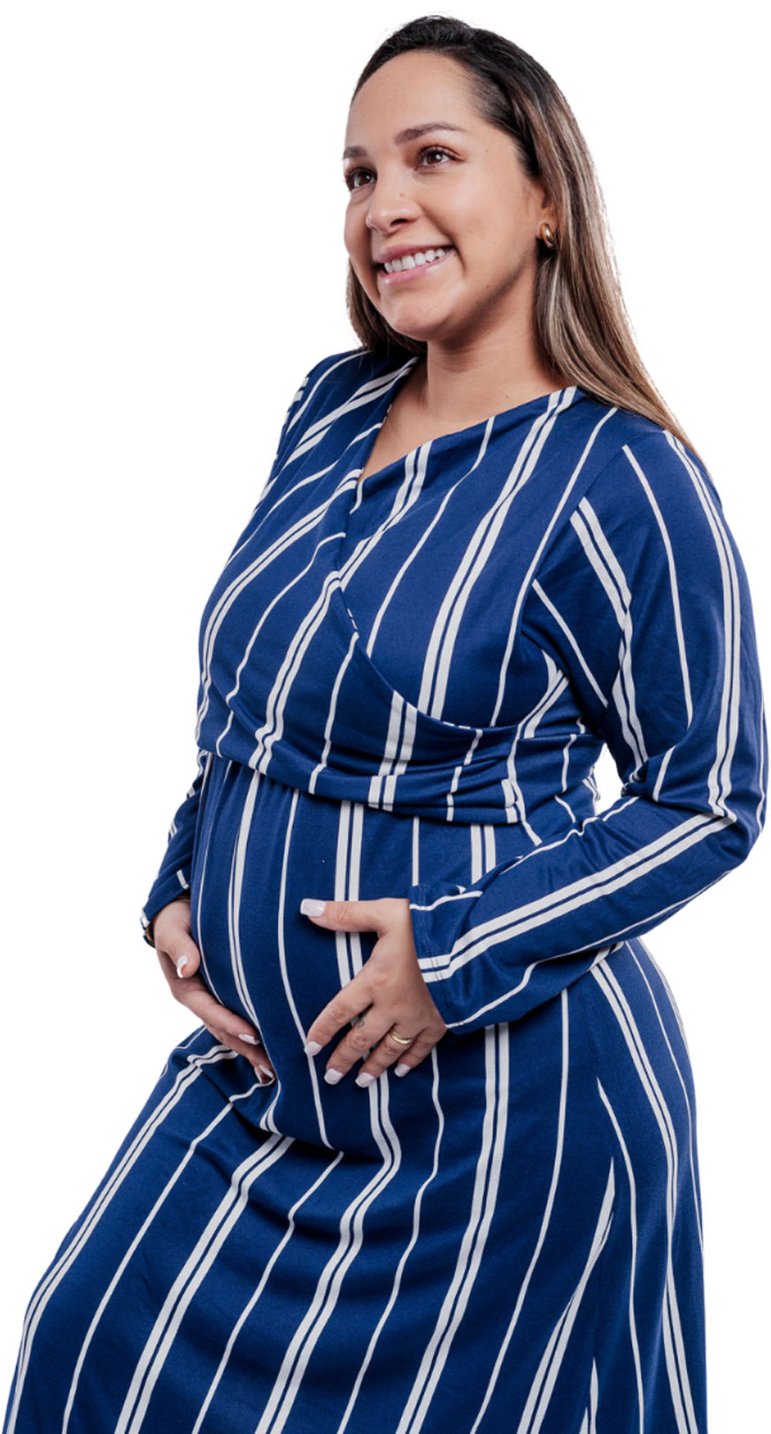 Vestido Maternal Roma, Con Sistema Lactancia,  MangaLarga RayadoAzul 10