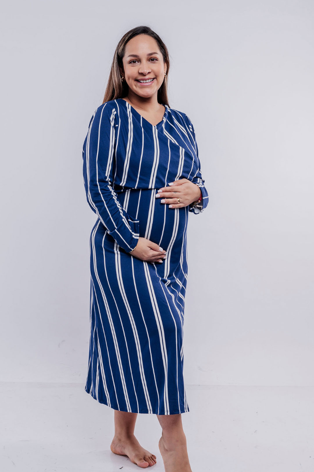 Vestido Maternal Roma, Con Sistema Lactancia,  MangaLarga RayadoAzul 3