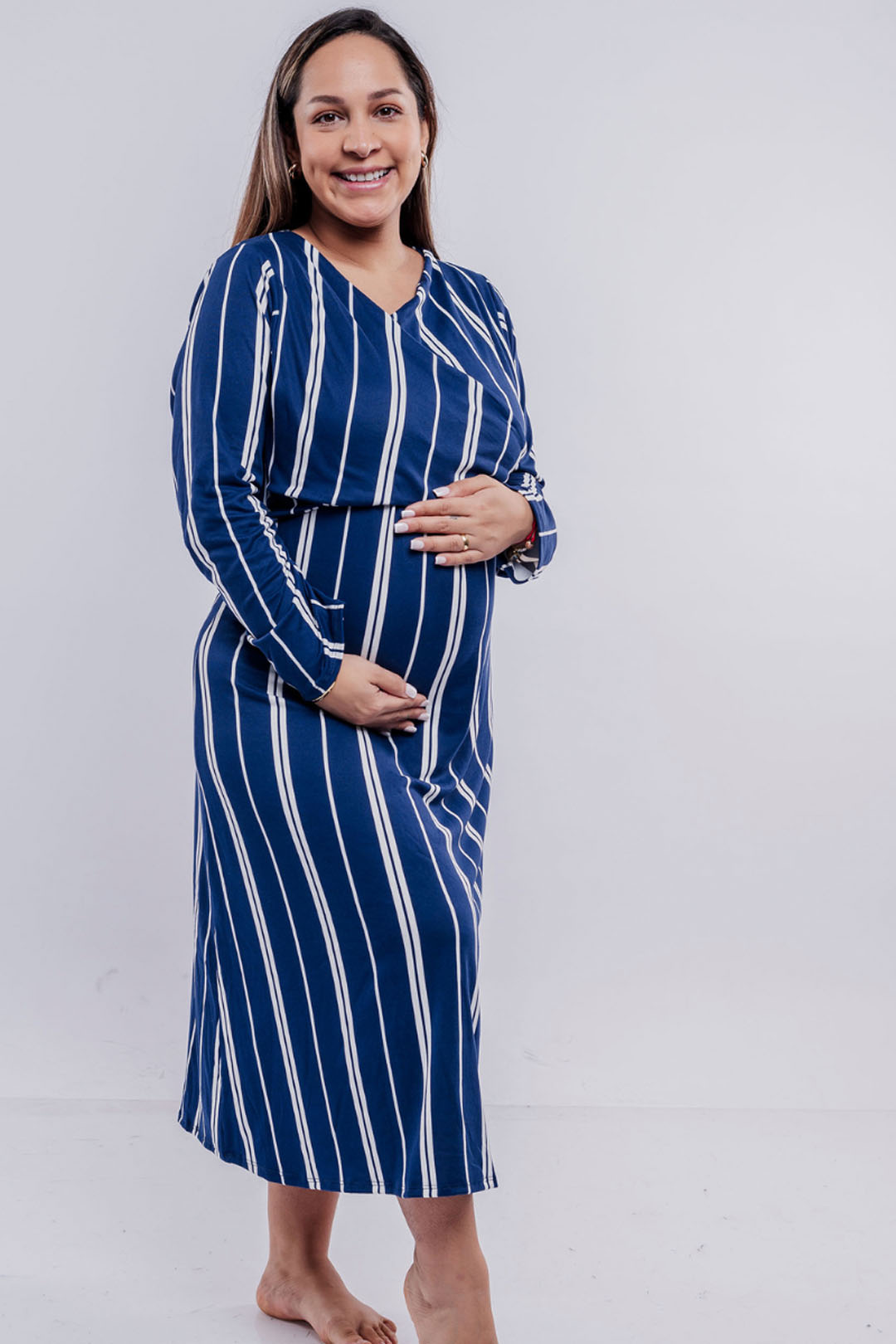 Vestido Maternal Roma, Con Sistema Lactancia,  MangaLarga RayadoAzul 12