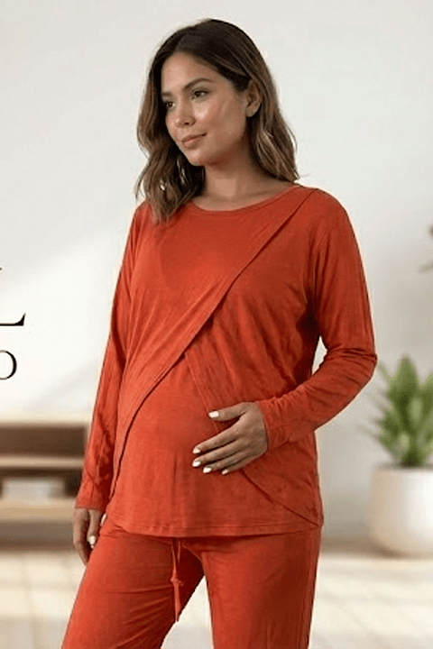 Buzo Maternal Algodon Aperturas Laterales Lactancia, Ladrillo