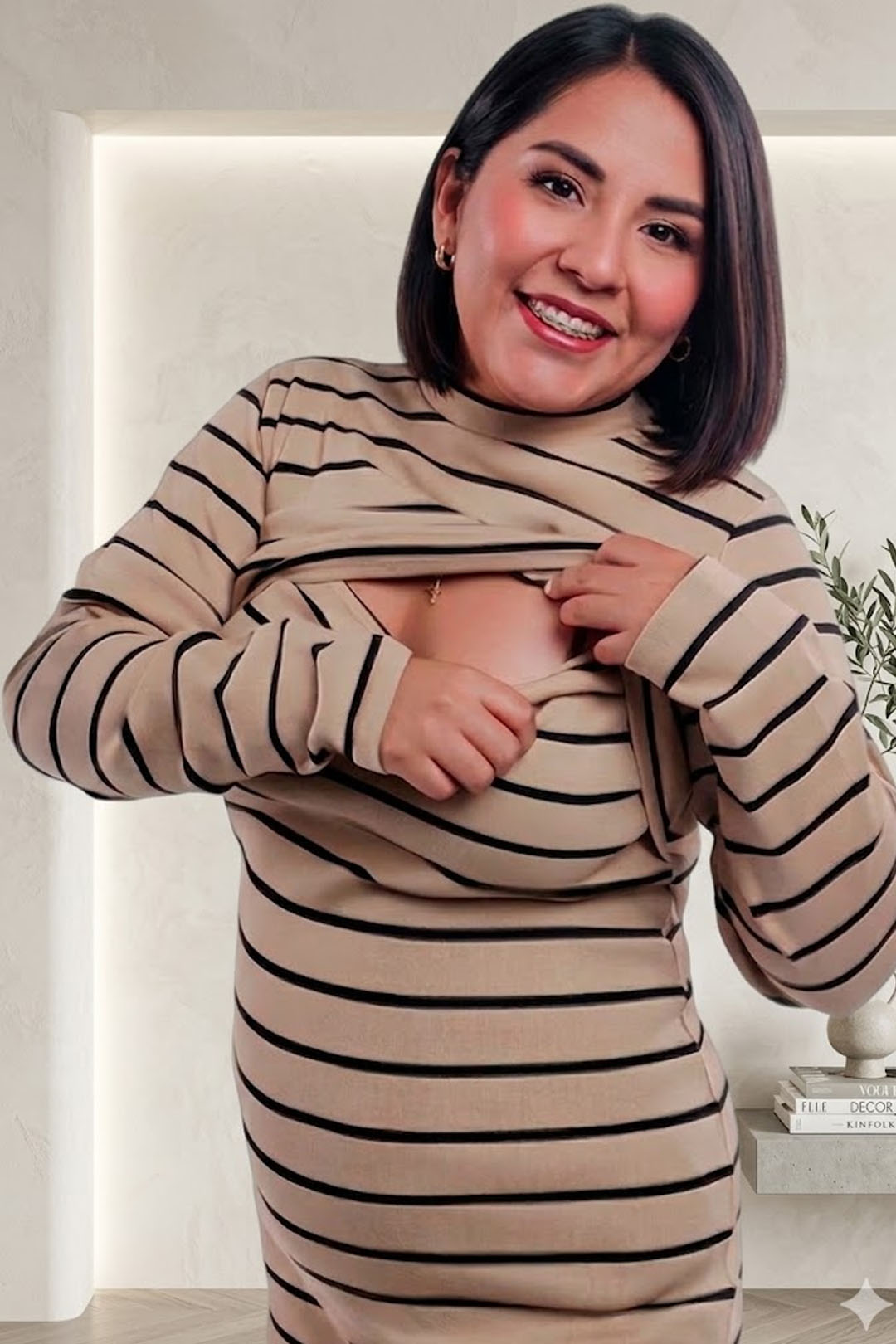 Vestido Maternal Valencia, Con Sistema Lactancia, Marron Rayado 2