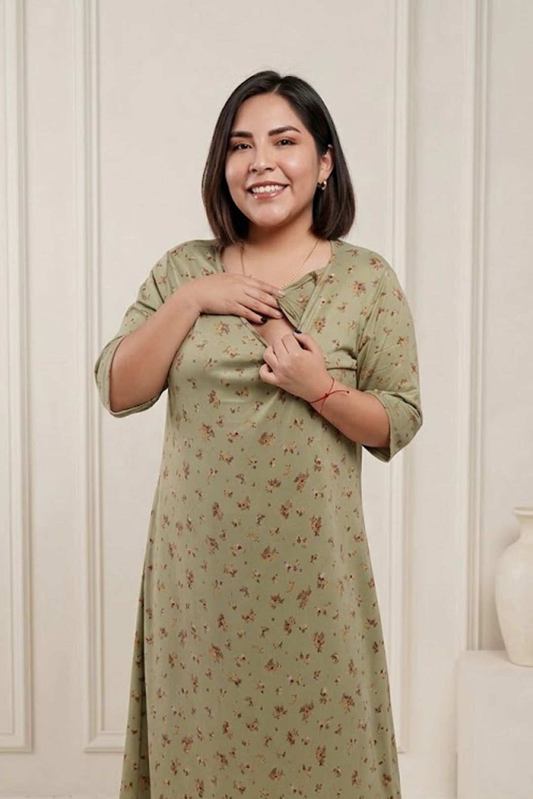 Vestido Maternal Venecia, Con Sistema Lactancia, FloreadoVerde 2