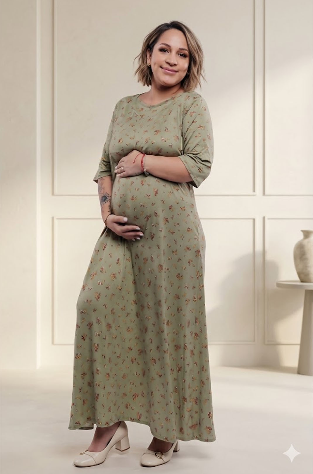 Vestido Maternal Venecia, Con Sistema Lactancia, FloreadoVerde 12