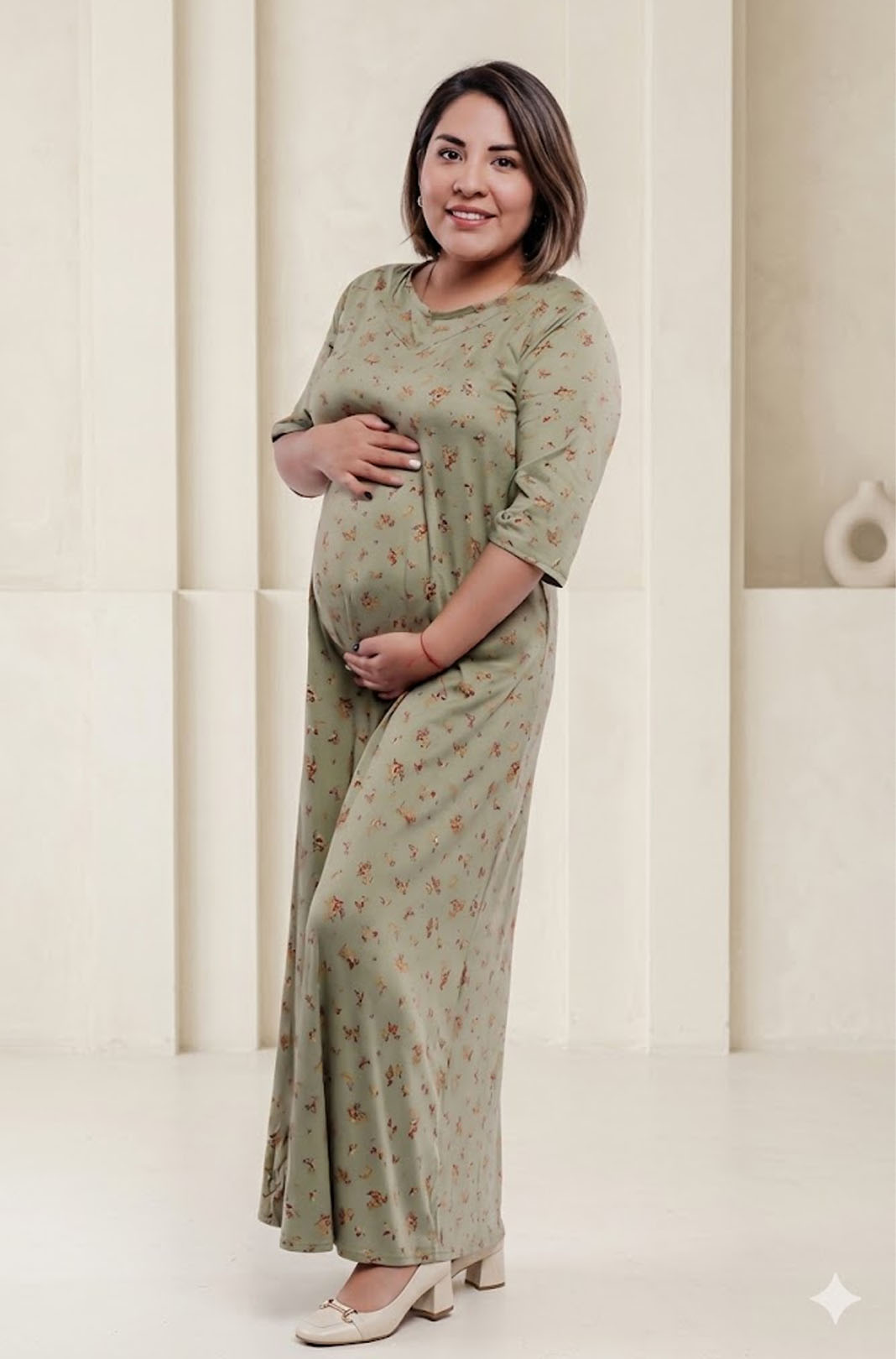 Vestido Maternal Venecia, Con Sistema Lactancia, FloreadoVerde 1