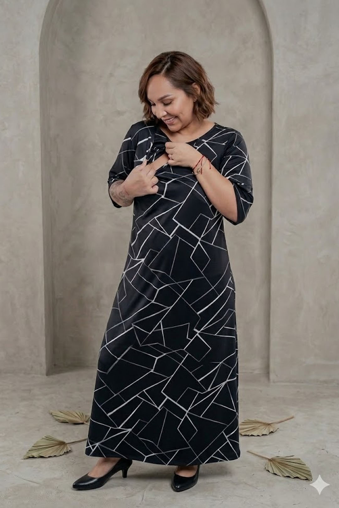 Vestido Maternal Venecia, Con Sistema Lactancia, FloreadoNegro 2