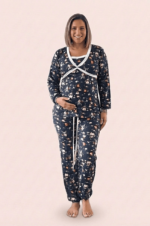 Pijama Maternal Cruzada Manga Larga: Dual-Skin (100% Piel de Durazno) - Azul Floreado