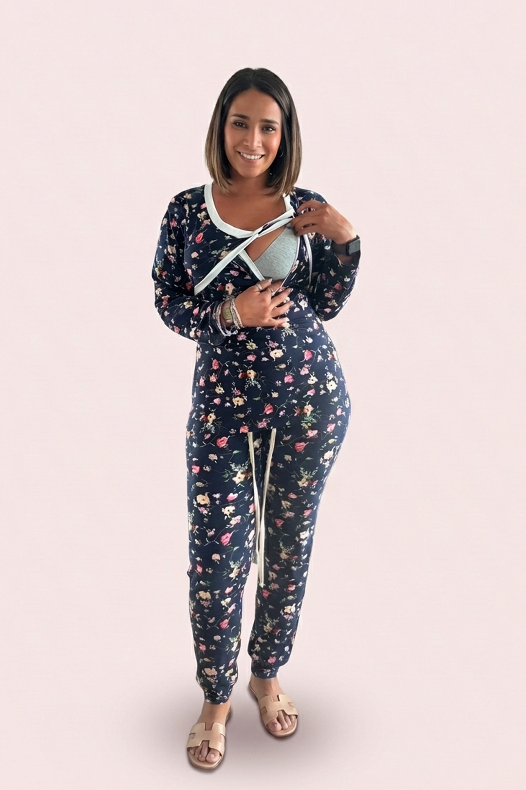 Pijama Maternal Cruzada Manga Larga: Dual-Skin (100% Piel de Durazno) - Azul Floreado 3