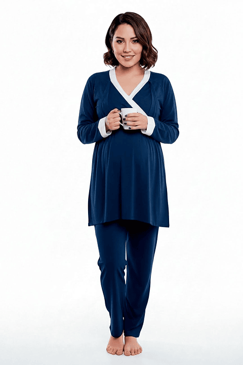 Pijama Maternal  Modelo Victoria, MangaLarga, Algodon, Sistema Lactancia, Azul