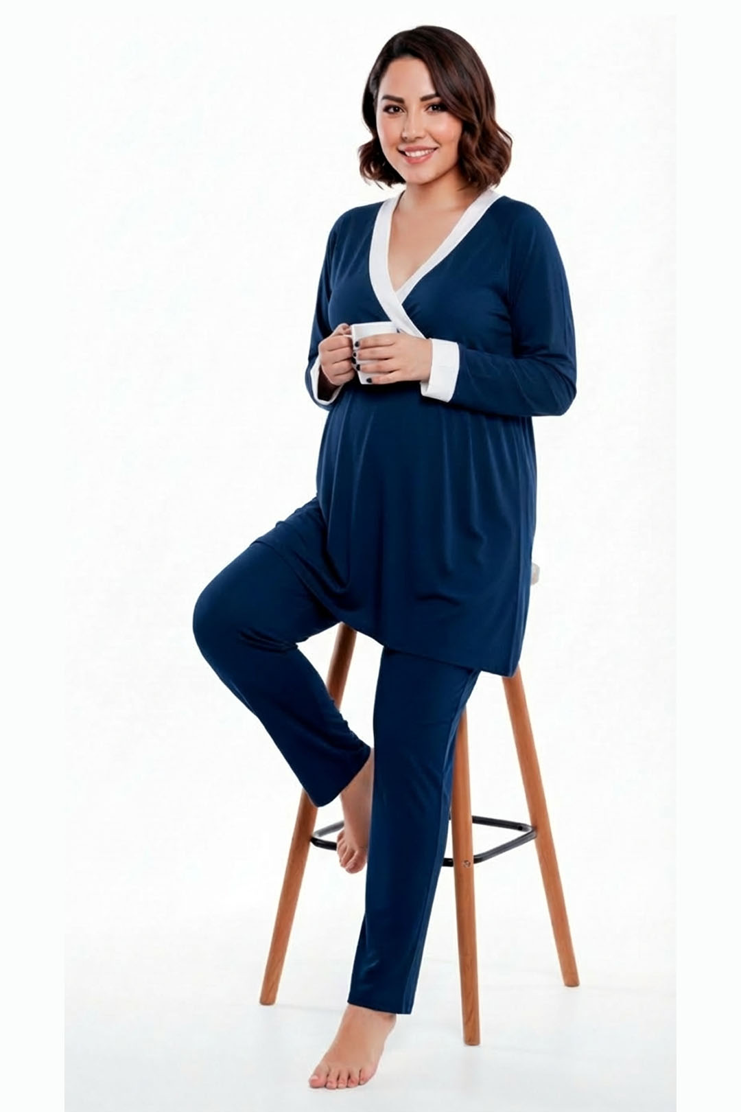 Pijama Maternal  Modelo Victoria, MangaLarga, Algodon, Sistema Lactancia, Azul 7
