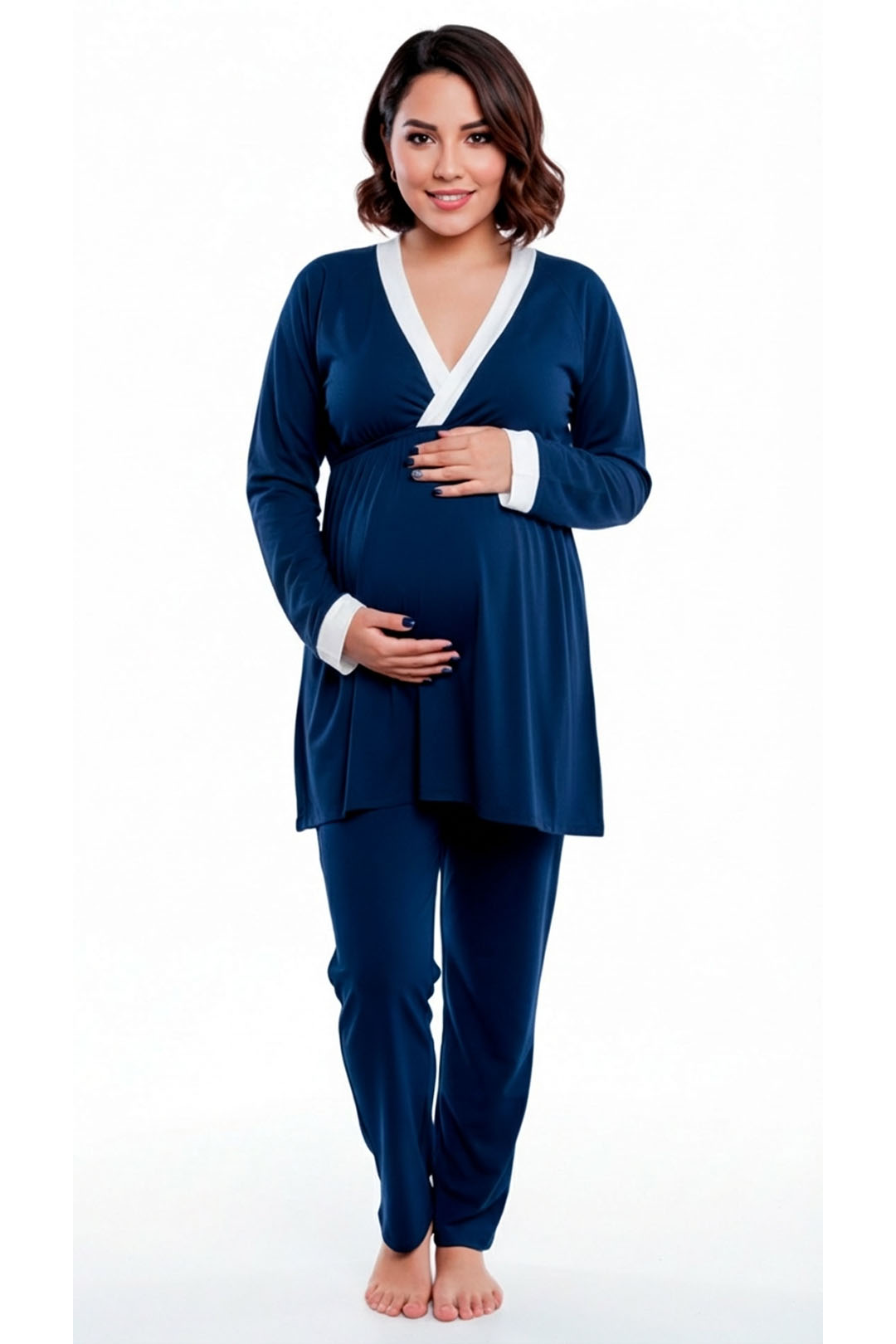 Pijama Maternal  Modelo Victoria, MangaLarga, Algodon, Sistema Lactancia, Azul 9