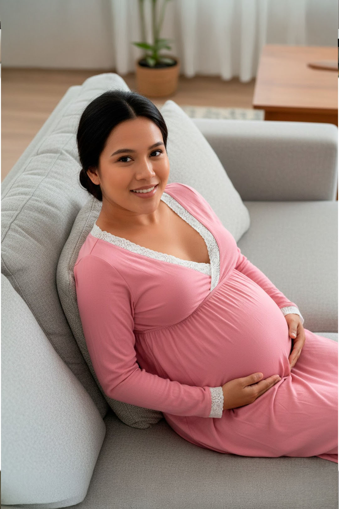 Camisón Maternal Victoria: MangaLarga & Sistema de Lactancia (PaloRosa) 9