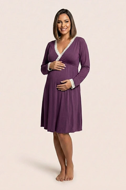 Camisón Maternal Victoria: Manga Larga & Sistema de Lactancia (Morado)