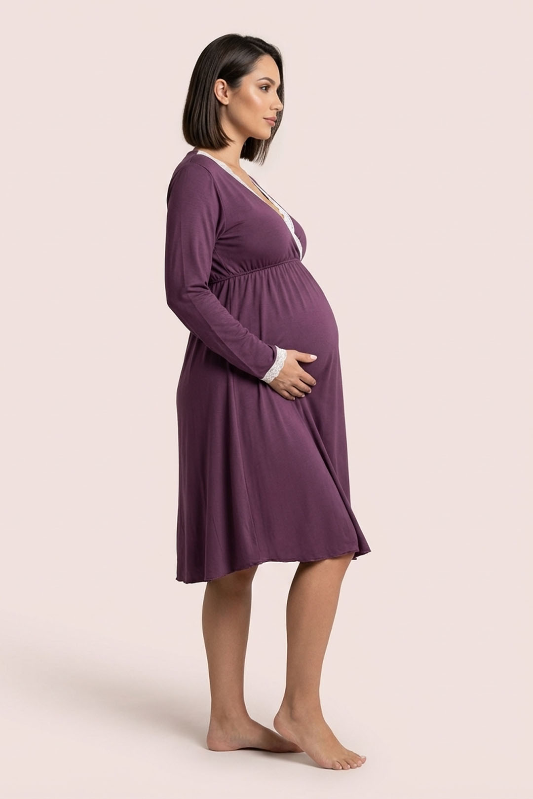 Camisón Maternal Victoria: Manga Larga & Sistema de Lactancia (Morado) 2