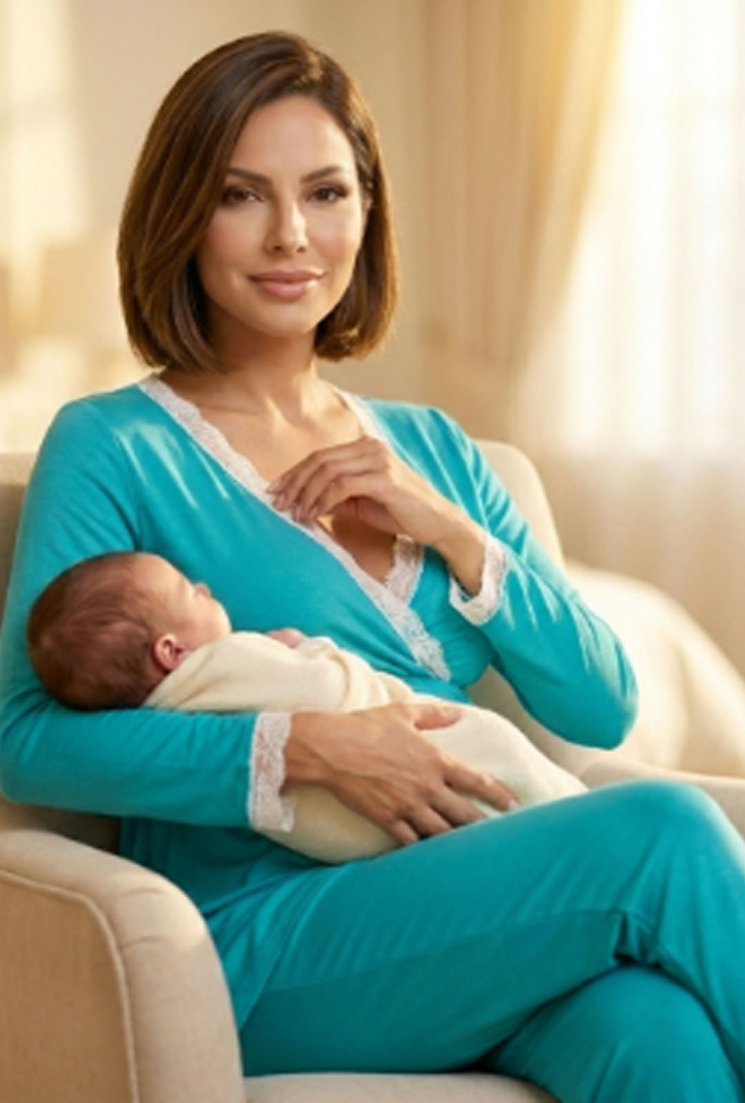 Pijama Maternal  Modelo Victoria, MangaLarga, Algodon, Sistema Lactancia, VerdeJade 5