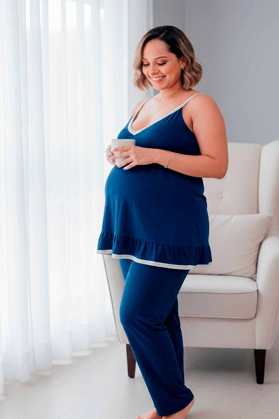 Pijama Maternal Pantalon Polo Tiritas, Broche Lactancia, Top Incorporado, Azul 3