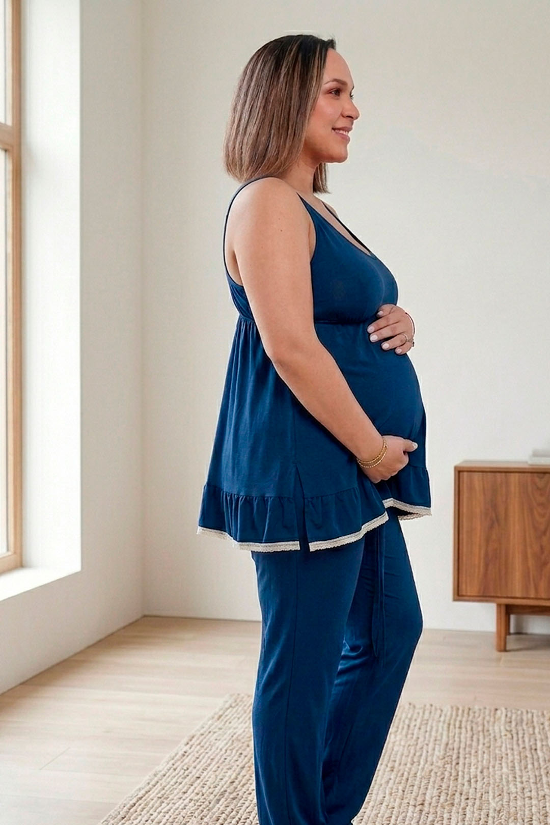 Pijama Maternal Pantalon Polo Tiritas, Broche Lactancia, Top Incorporado, Azul 9