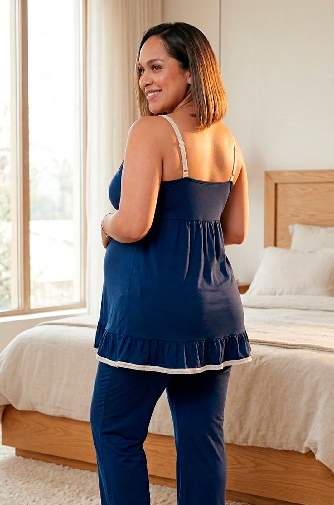 Pijama Maternal Pantalon Polo Tiritas, Broche Lactancia, Top Incorporado, Azul 4