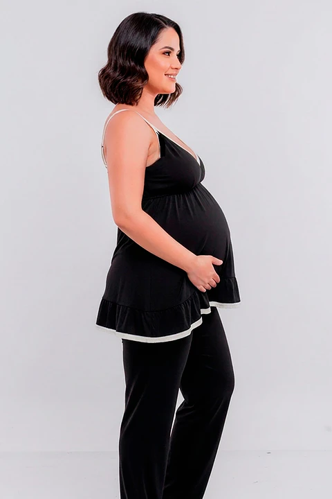 Pijama Maternal Pantalon Polo Tiritas, Broche Lactancia, Top Incorporado, Negro