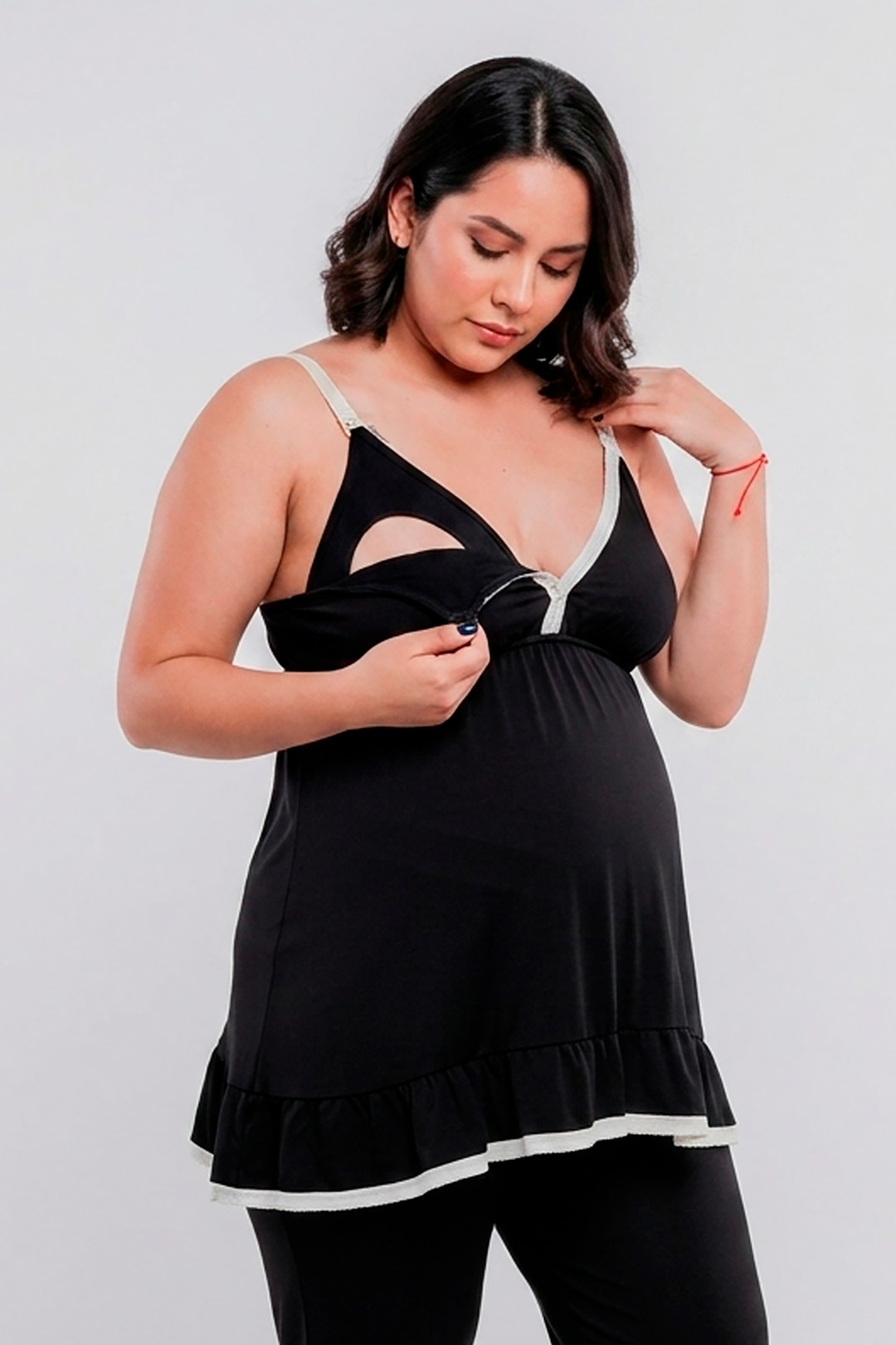 Pijama Maternal Pantalon Polo Tiritas, Broche Lactancia, Top Incorporado, Negro 6