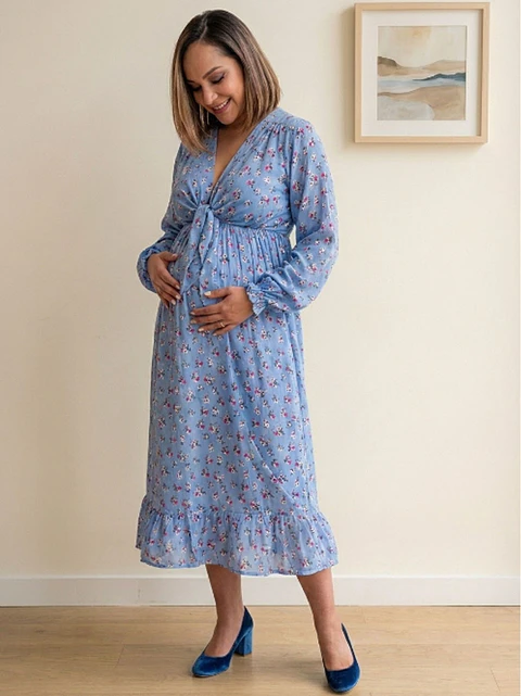 Vestido Maternal Lazo Estructural - Celeste Floreado