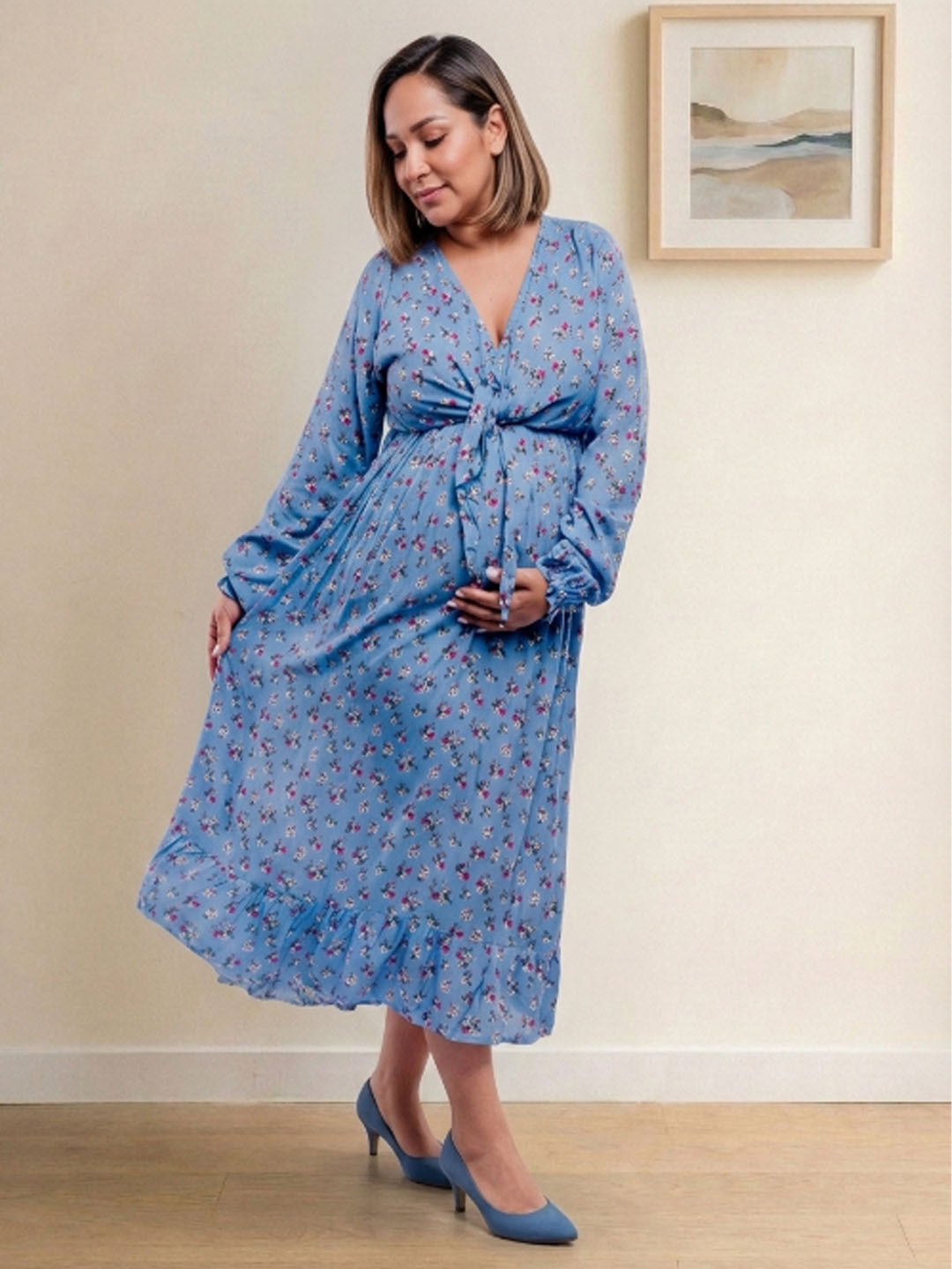 Vestido Maternal Lazo Estructural - Celeste Floreado 3