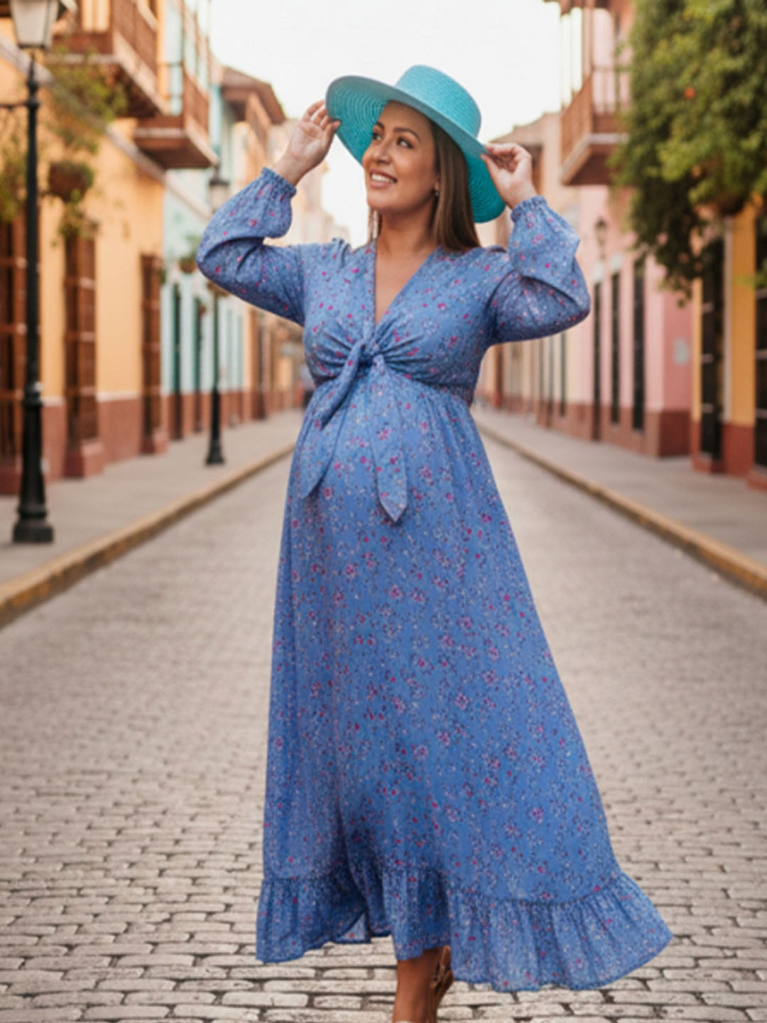 Vestido Maternal Lazo Estructural - Celeste Floreado 9