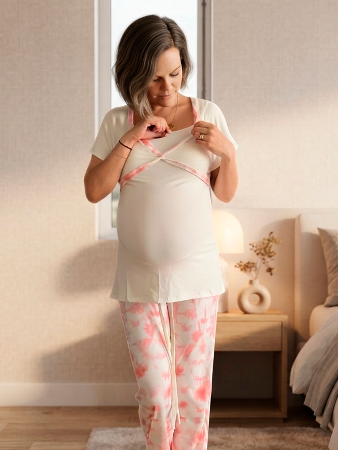 Pijama Maternal Cruzada Manga Corta: Dual-Skin - Rosado 3