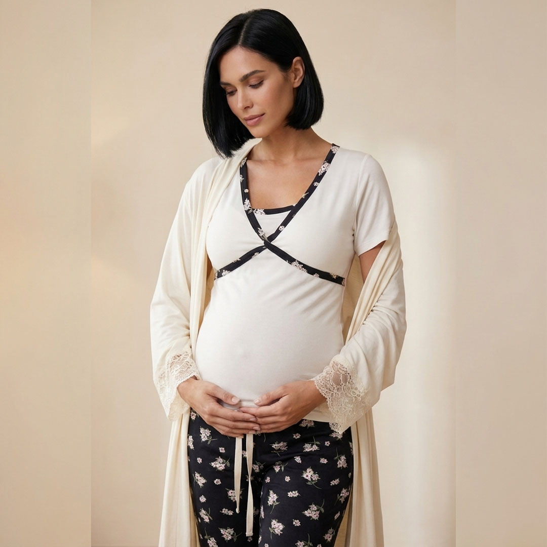 Pack Bata, Pijama Maternal Pantalon Floreado 6