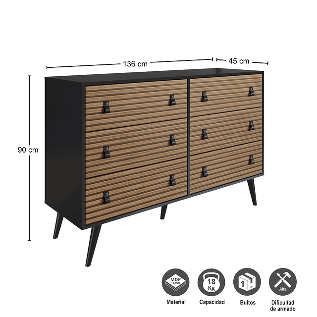 Cómoda Amber 6 Cajones Negro/Brise