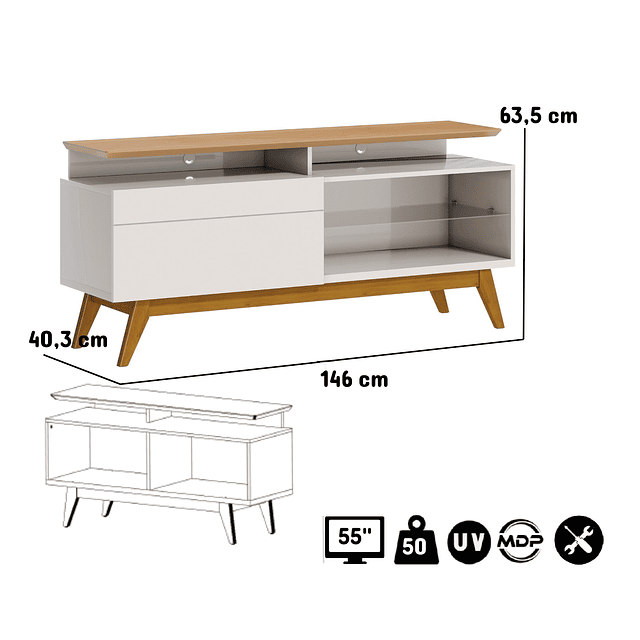 Rack Tv Stand Classic Plus 1 cajon Blanco/Caramelo 1.4Mts