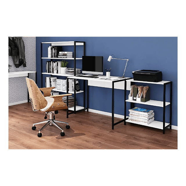 Combo Mesa De Escritorio Con Cajon Practic Blanco / Avellana + Estante New York Blanco 3Niveles