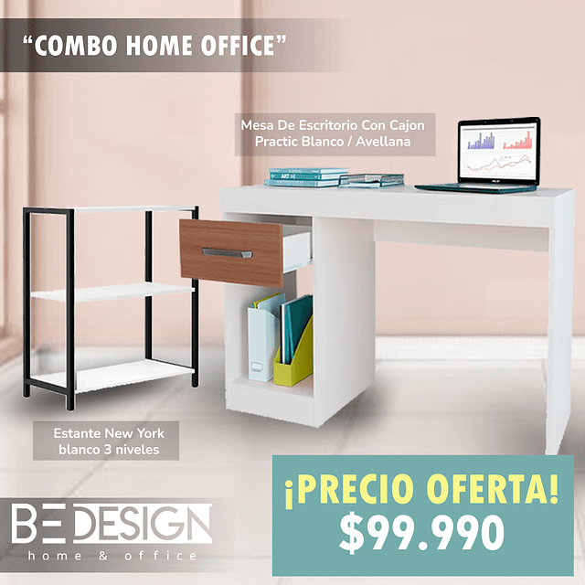 Combo Mesa De Escritorio Con Cajon Practic Blanco / Avellana + Estante New York Blanco 3Niveles